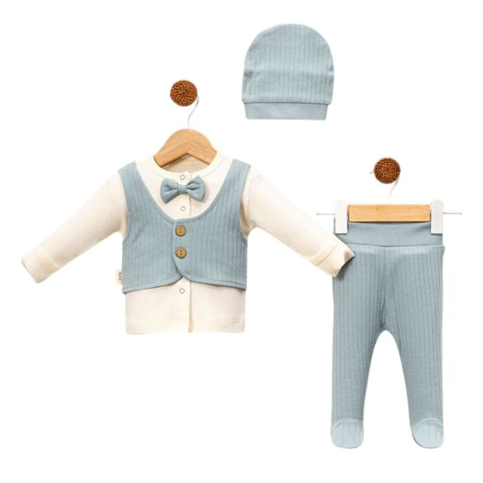 βρεφικό σετ νεογέννητο με παπιγιόν και σκουφάκι μπλε με παντελόνι και μπλούζα για αγόρι