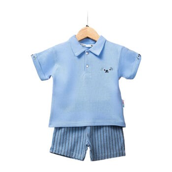 Βρεφικό σετ με σορτσάκι μπλε πόλο μπλουζάκι και ριγέ σορτσάκι