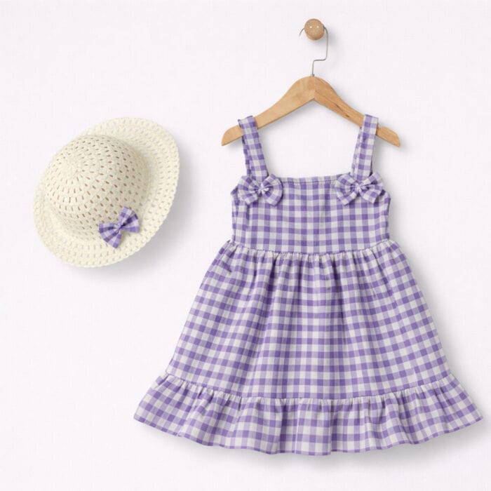 παιδικό φόρεμα καρό μωβ με καπέλο για κορίτσι καλοκαιρινό σετ