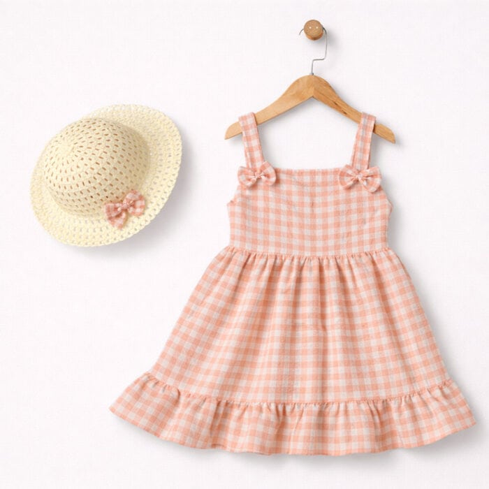παιδικό φόρεμα καρό ροζ με καπέλο για κορίτσι καλοκαιρινό σετ
