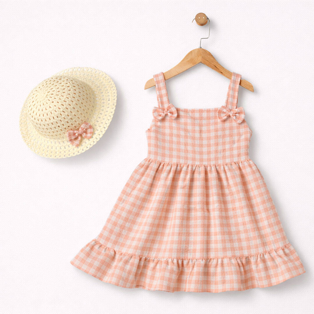 παιδικό φόρεμα καρό ροζ με καπέλο για κορίτσι καλοκαιρινό σετ