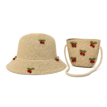 παιδικό ψάθινο καπέλο με τσαντάκι κερασάκια μπεζ