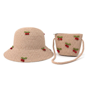 παιδικό ψάθινο καπέλο με τσαντάκι κερασάκια