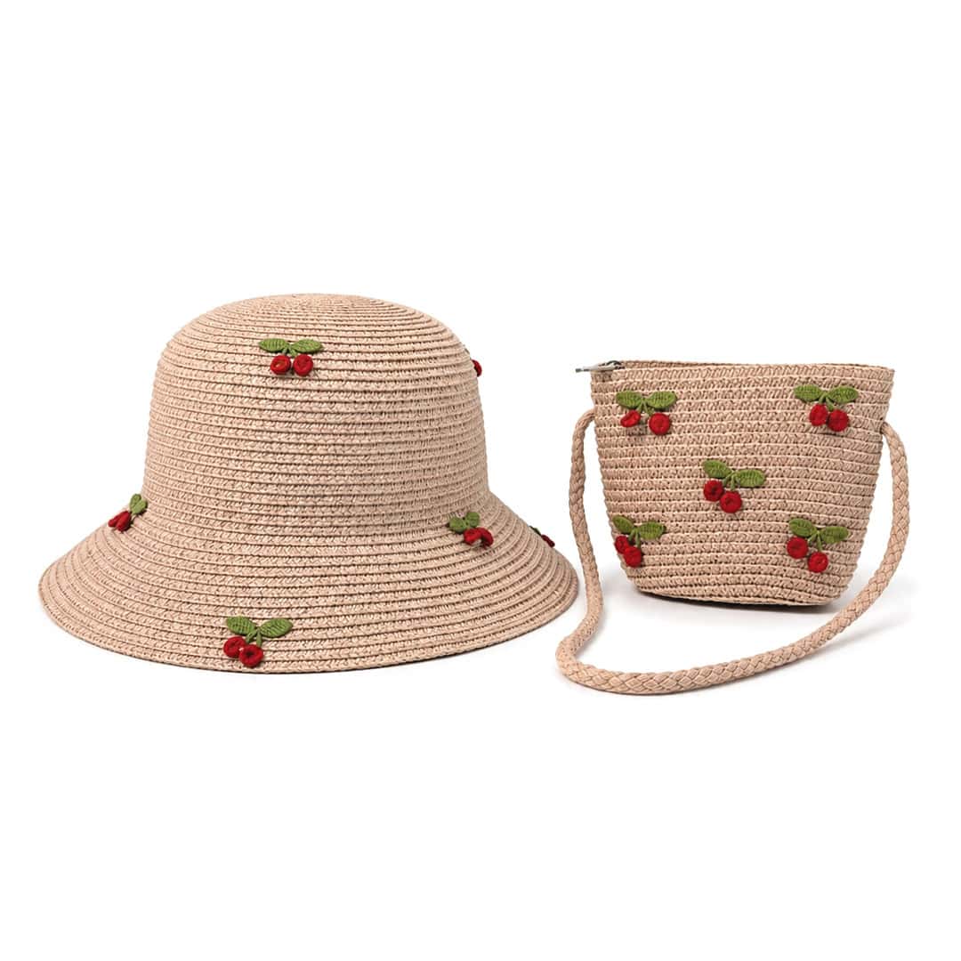 παιδικό ψάθινο καπέλο με τσαντάκι κερασάκια