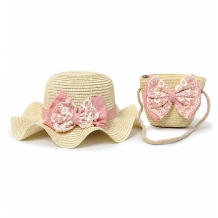 παιδικό ψάθινο καπέλο με τσαντάκι φιόγκος δαντέλα