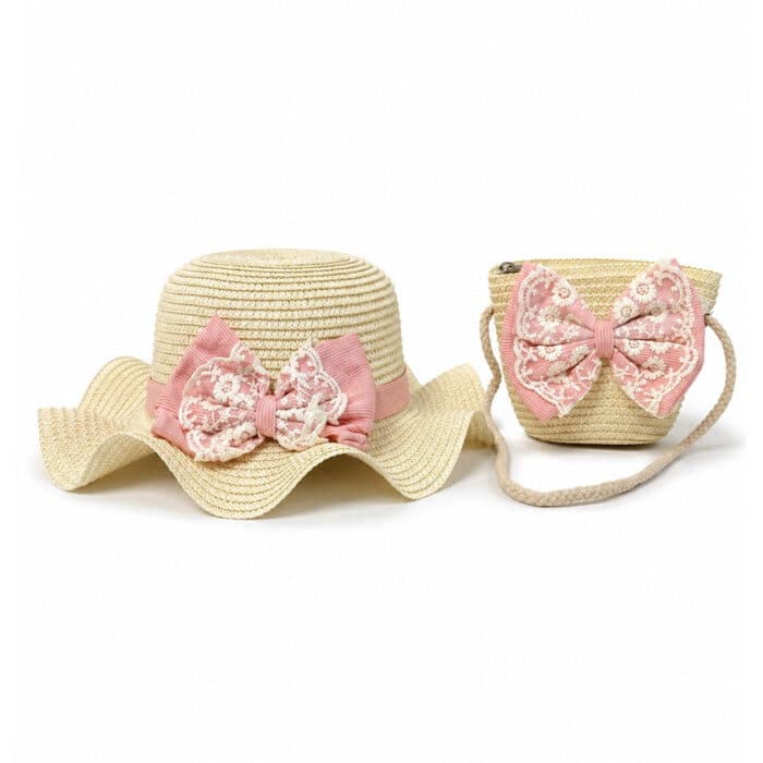 παιδικό ψάθινο καπέλο με τσαντάκι φιόγκος δαντέλα