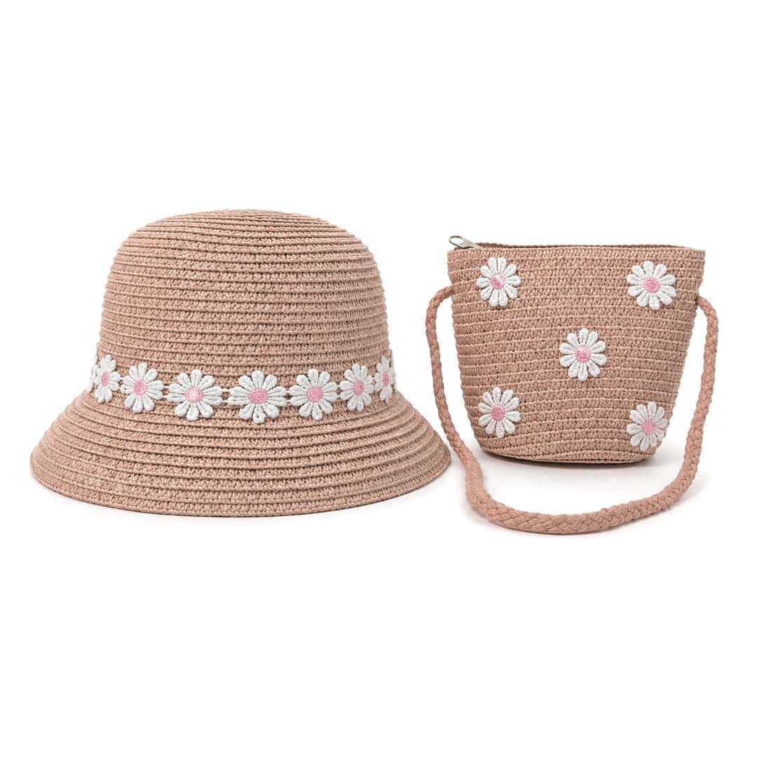 παιδικό ψάθινο καπέλο με τσαντάκι μαργαρίτες