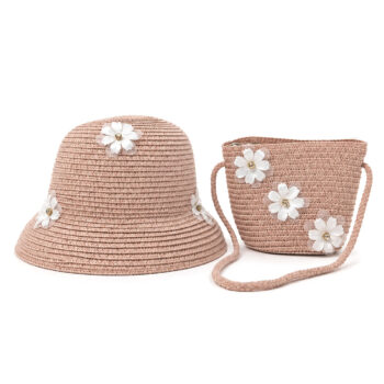 παιδικό ψάθινο καπέλο με τσαντάκι και λουλούδια