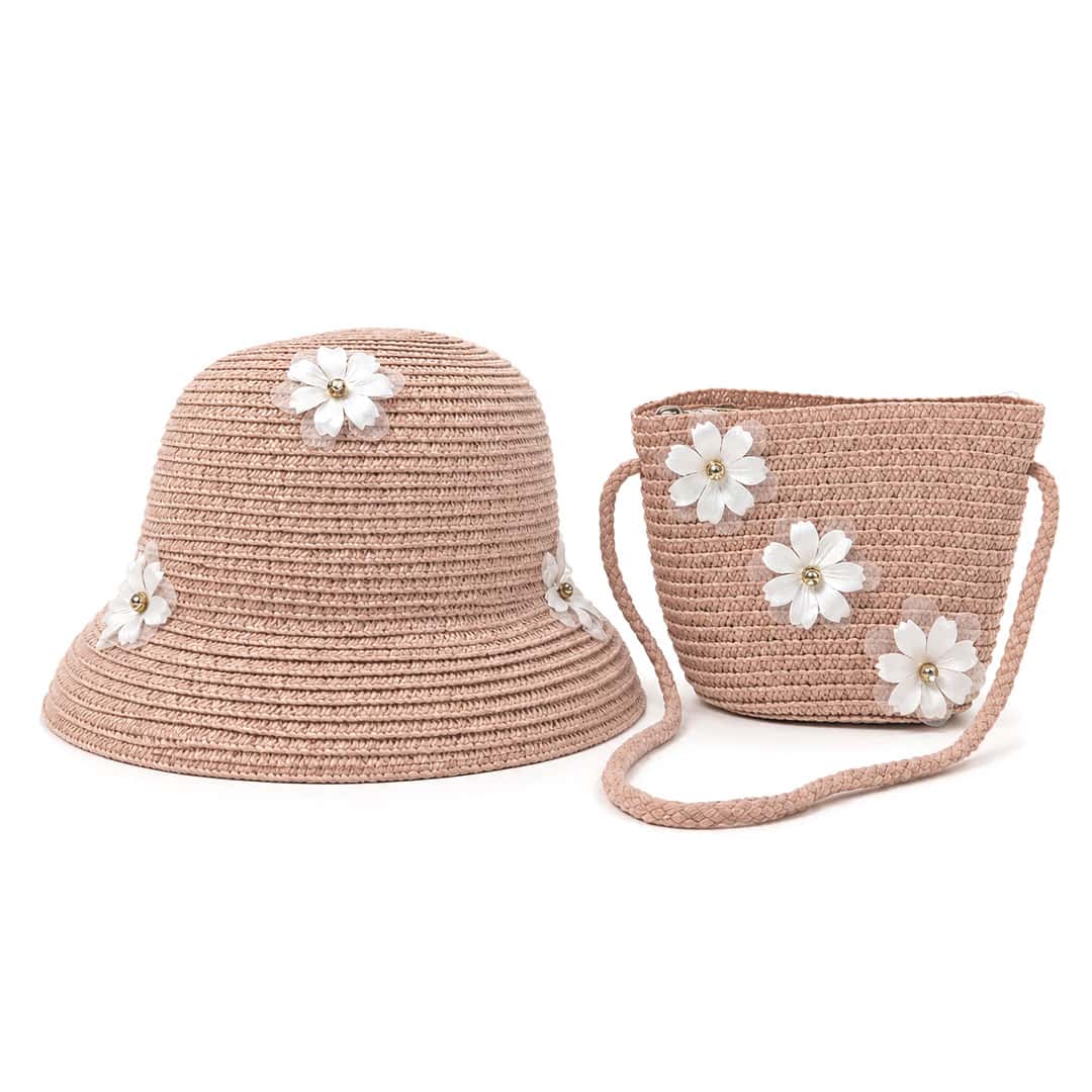 παιδικό ψάθινο καπέλο με τσαντάκι και λουλούδια