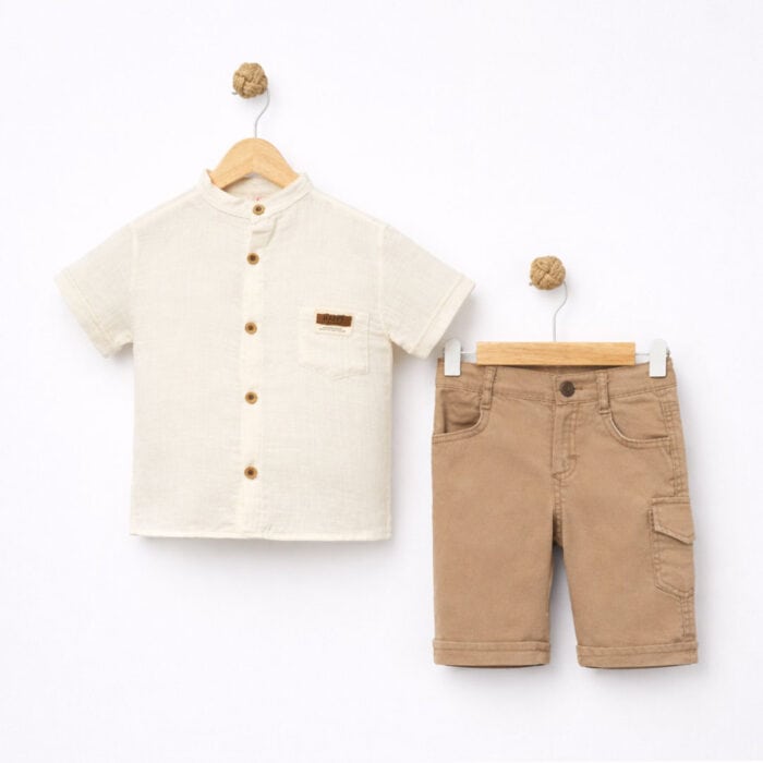 παιδικό σετ με πουκάμισο και βερμούδα εκρού και μπεζ για αγόρι