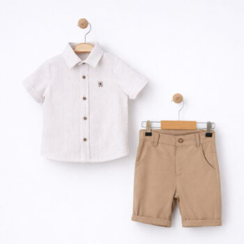 παιδικό σετ αγόρι με πουκάμισο εκρού και βερμούδα μπεζ