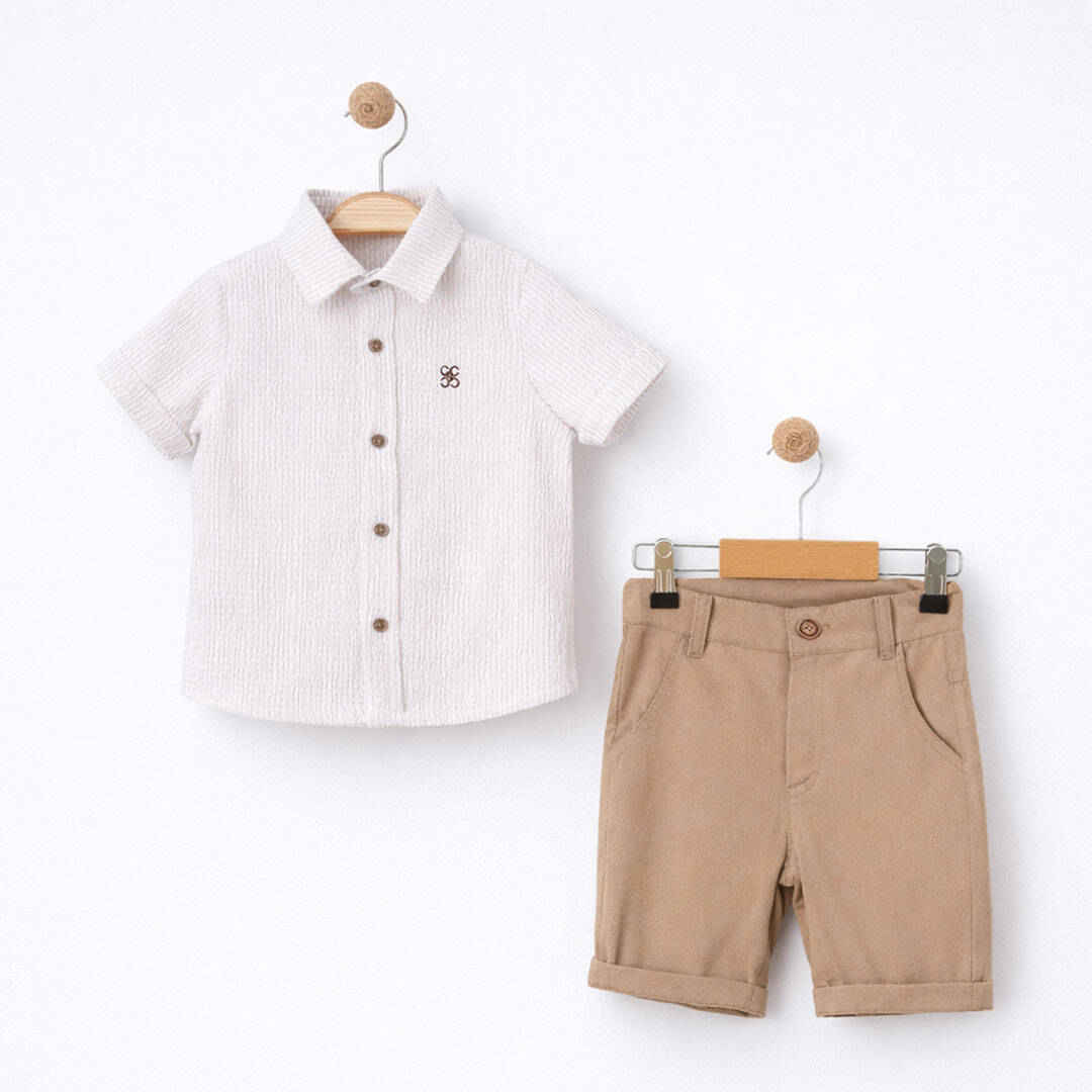 παιδικό σετ αγόρι με πουκάμισο εκρού και βερμούδα μπεζ
