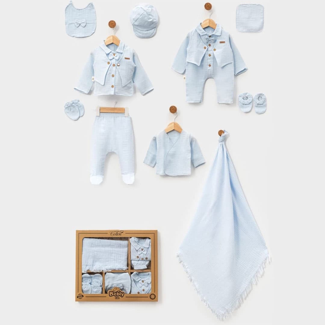 σετ δώρου για νεογέννητο αγόρι γαλάζιο με ρουχαλάκια και κουβέρτα