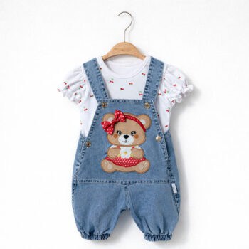 βρεφική τζιν σαλοπέτα με μπλούζα και αρκουδάκι