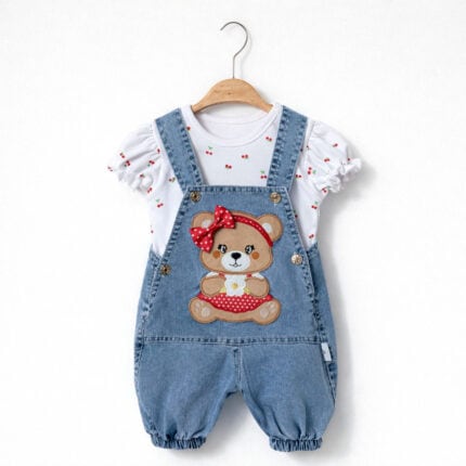 βρεφική τζιν σαλοπέτα με μπλούζα και αρκουδάκι