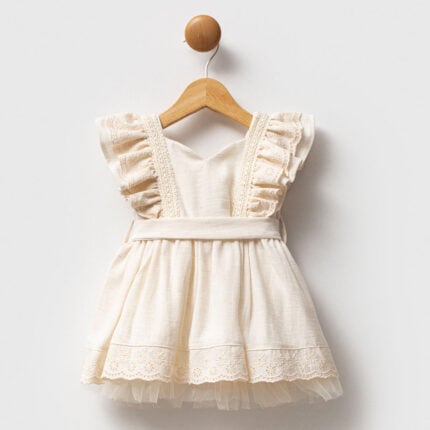 βρεφικό λινό φόρεμα με δαντέλα και βολάν για κορίτσι