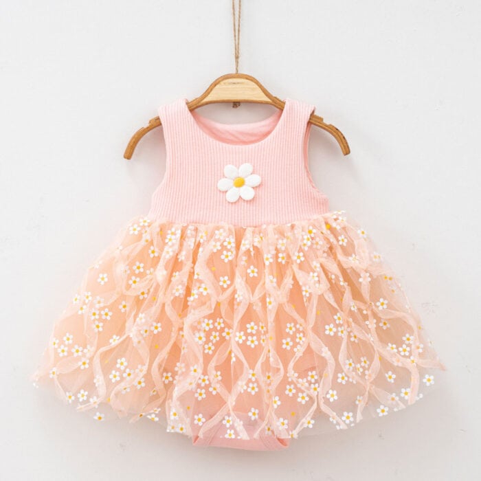 βρεφικό φορμάκι φόρεμα με τούλι μαργαρίτες σομόν