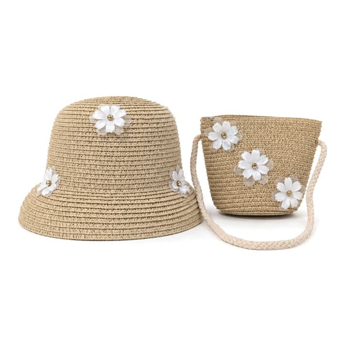 παιδικό ψάθινο καπέλο με τσαντάκι και λουλούδια