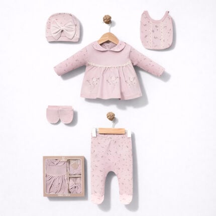 σετ νεογέννητου κορίτσι 5 τεμαχίων ροζ με μπλούζα παντελόνι σκουφάκι γαντάκια και σαλιάρα