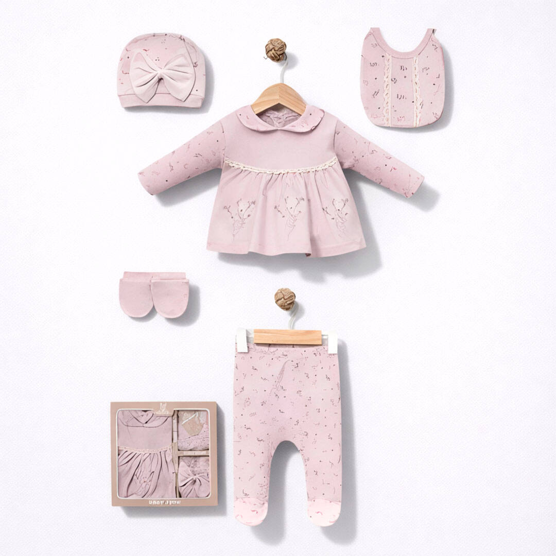 σετ νεογέννητου κορίτσι 5 τεμαχίων ροζ με μπλούζα παντελόνι σκουφάκι γαντάκια και σαλιάρα