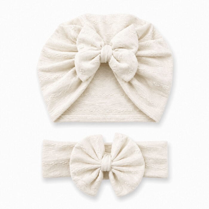 βρεφικό τουρμπάνι εκρού με φιόγκο και κορδέλα