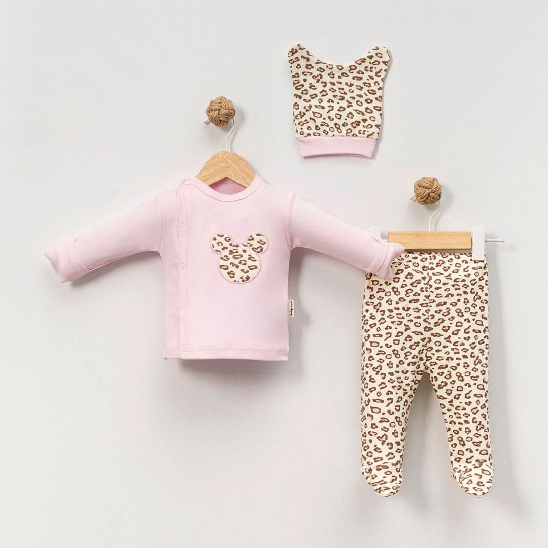 vrefiko-set-neogennitou-mini Σετ νεογέννητου κορίτσι 3 τεμαχίων 100% βαμβάκι με μπλουζάκι, παντελόνι και σκουφάκι λεοπάρ